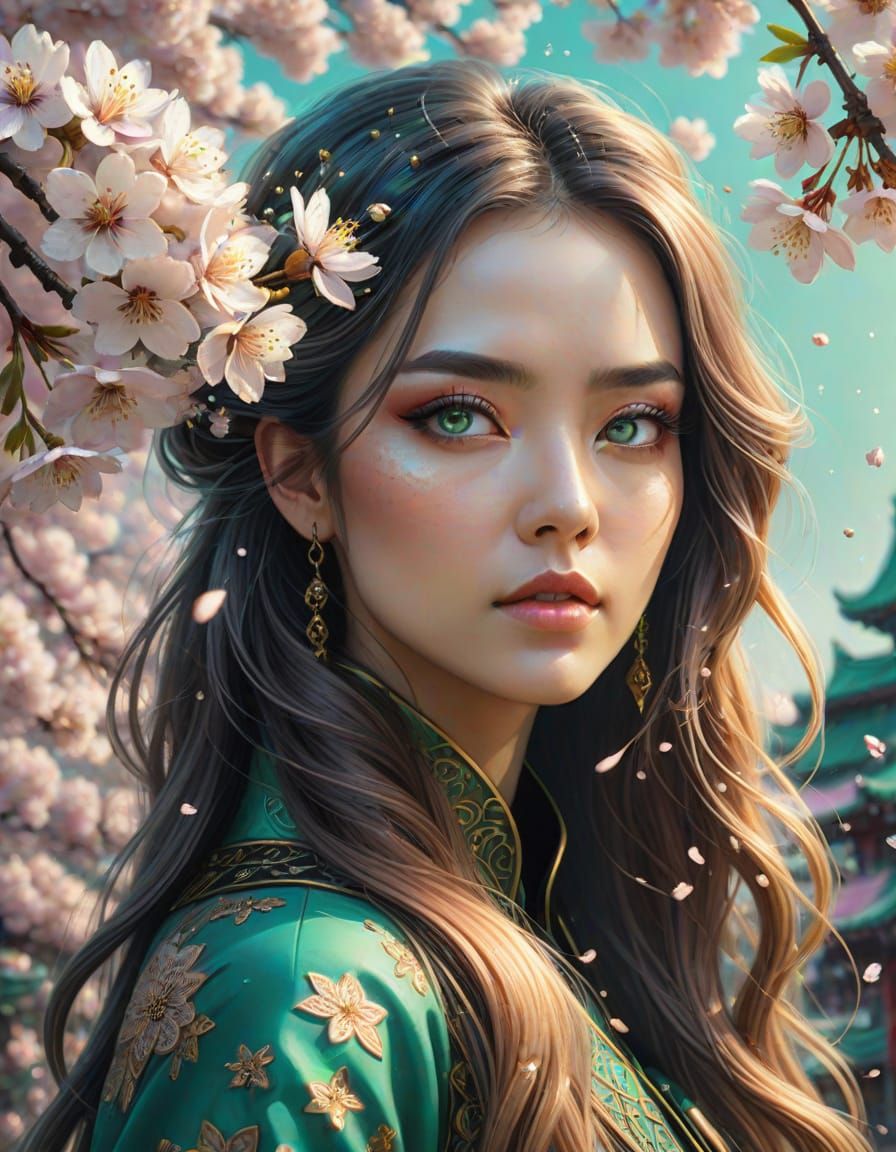 Jade-Eyed Woman Amidst Cherry Blossoms: Oil Painting