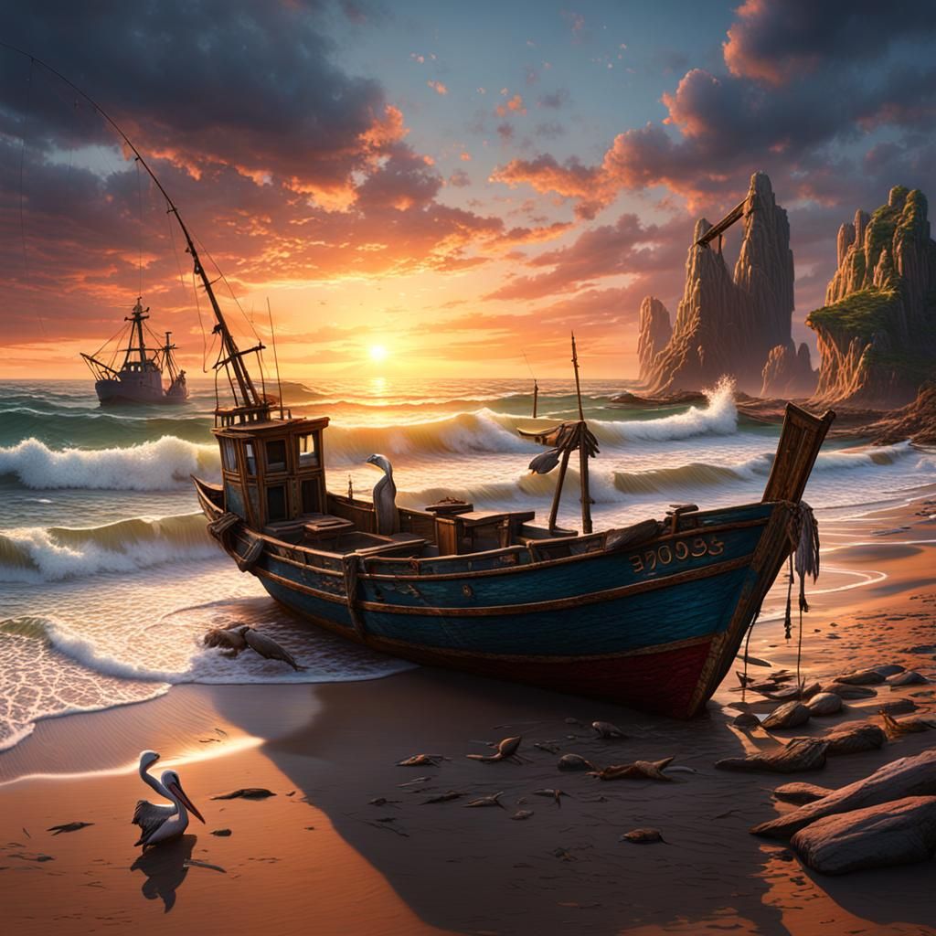 Pelicans on the Beach at Sunset: Matte Painting