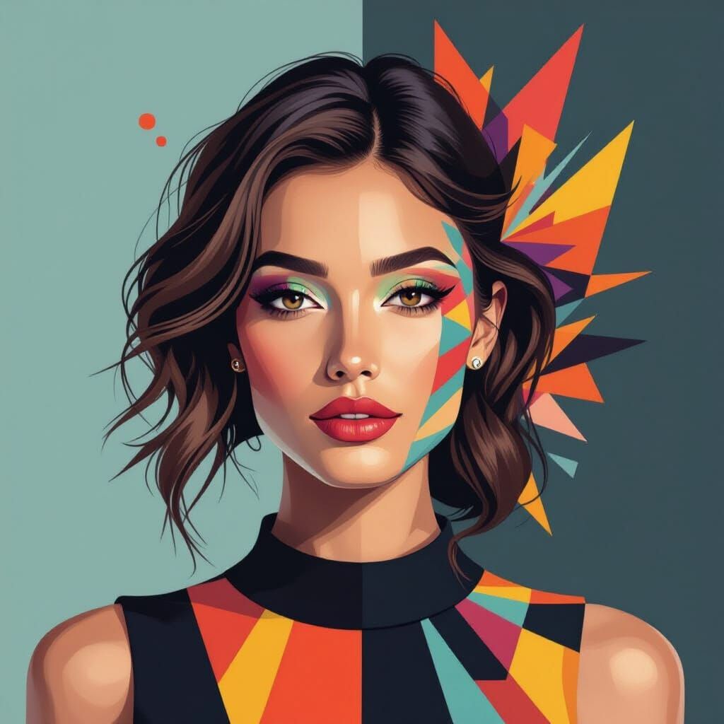 Woman's Face Morphing into Vibrant Geometric Op Art