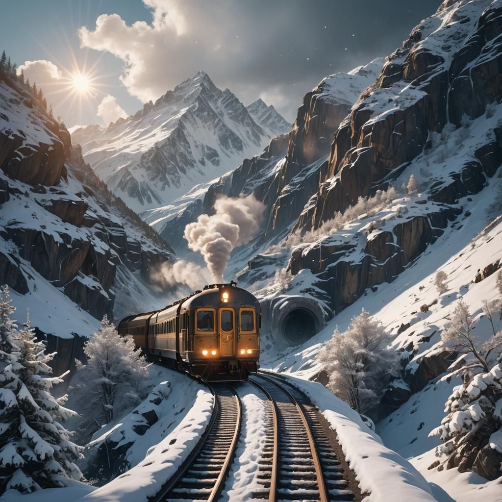 Old Train Travels Between Snow Mountains: Matte Painting