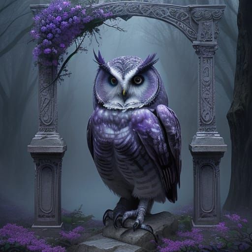 Ancient Owl on Archway in Misty Forest
