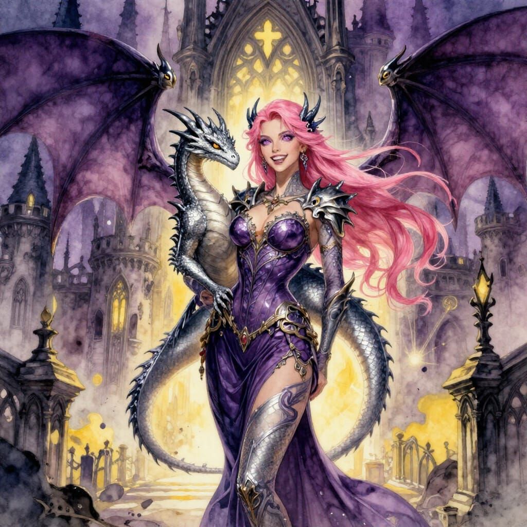 Gothic Castle Scene with Pink Haired Woman and Silver Dragon