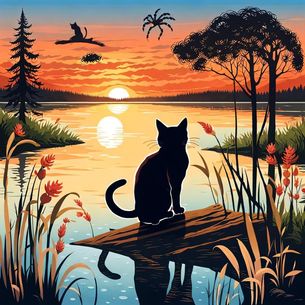 Cat Watches Crab at Sunset Lake