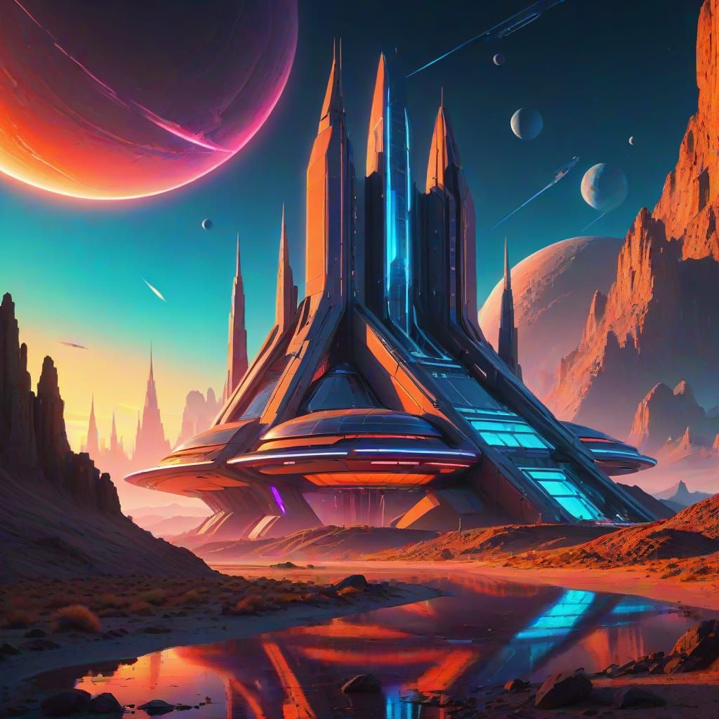 Surreal Futuristic Cityscape on a Distant Planet in Deep Spa...