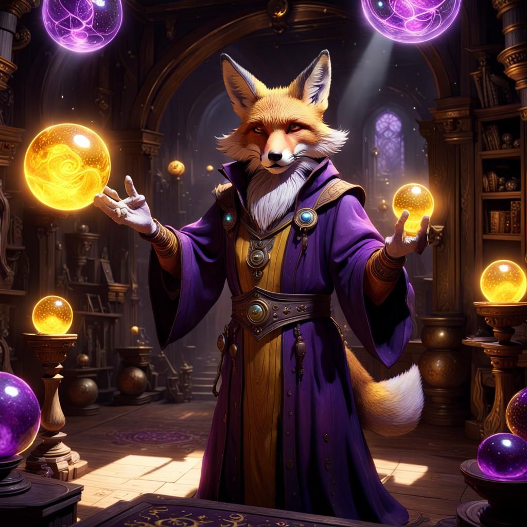 Elder Fox Collecting Energy Orbs: Dark Fantasy Art