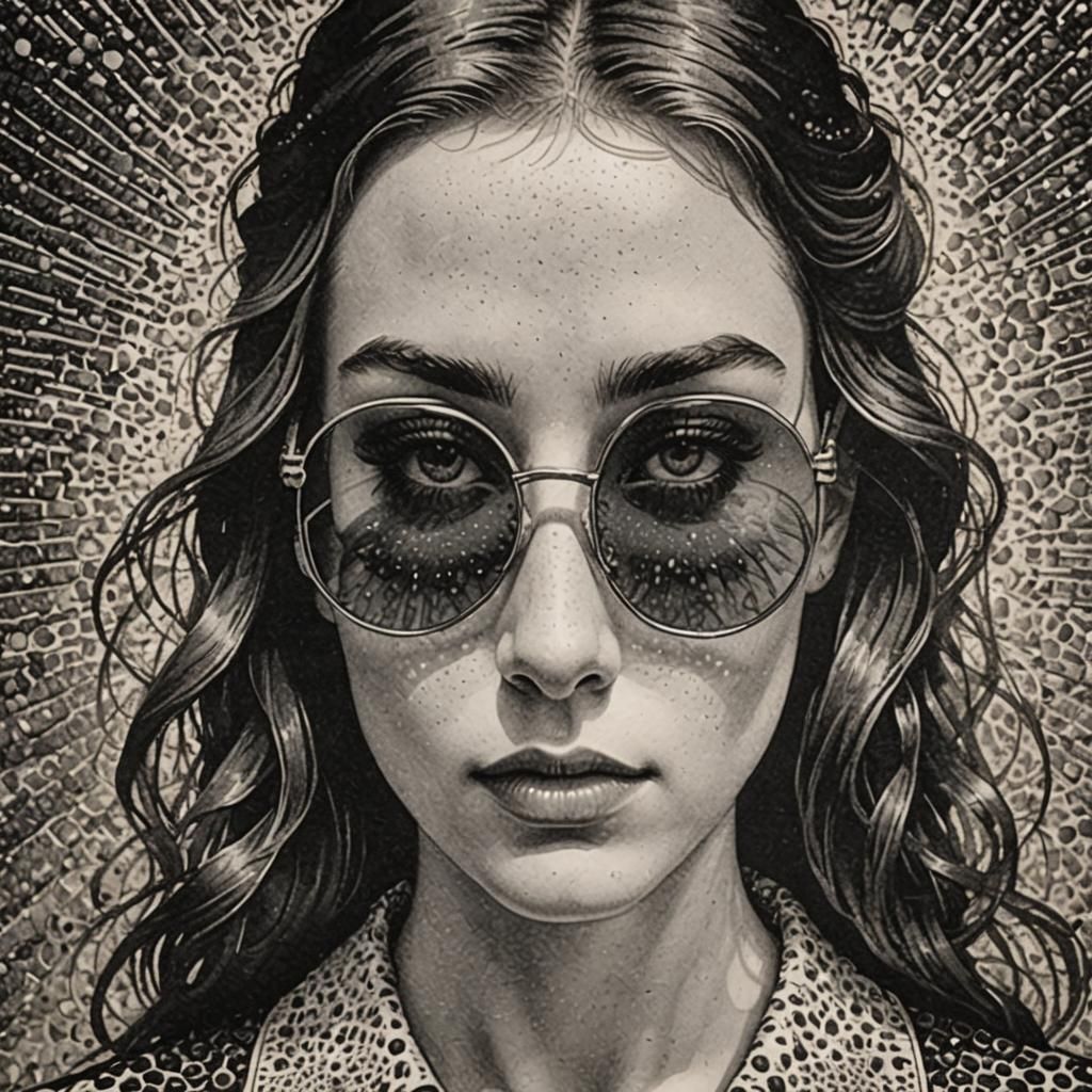 Monochromatic Pointillist Portrait of Girl with Sunglasses
