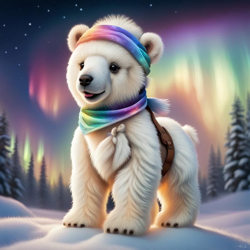 Miniature Polar Bear Teddy Bear Rides a Pony