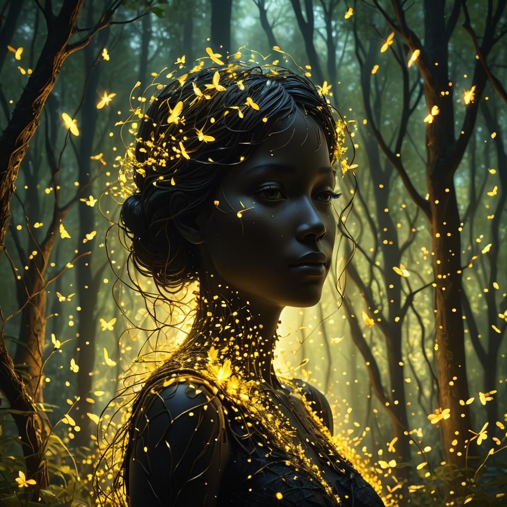 Ethereal Firefly Woman in Enchanting Forest, 3D Render