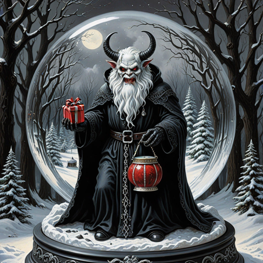 Gothic Winter Scene with Krampus in Traditional Bavarian Rob...