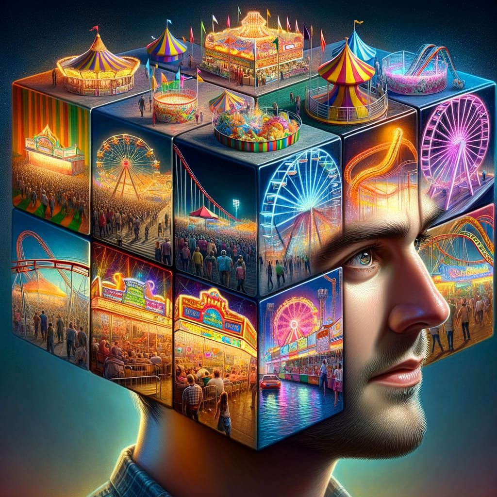 Hyperrealistic Man with Cube-Shaped Fairground Head