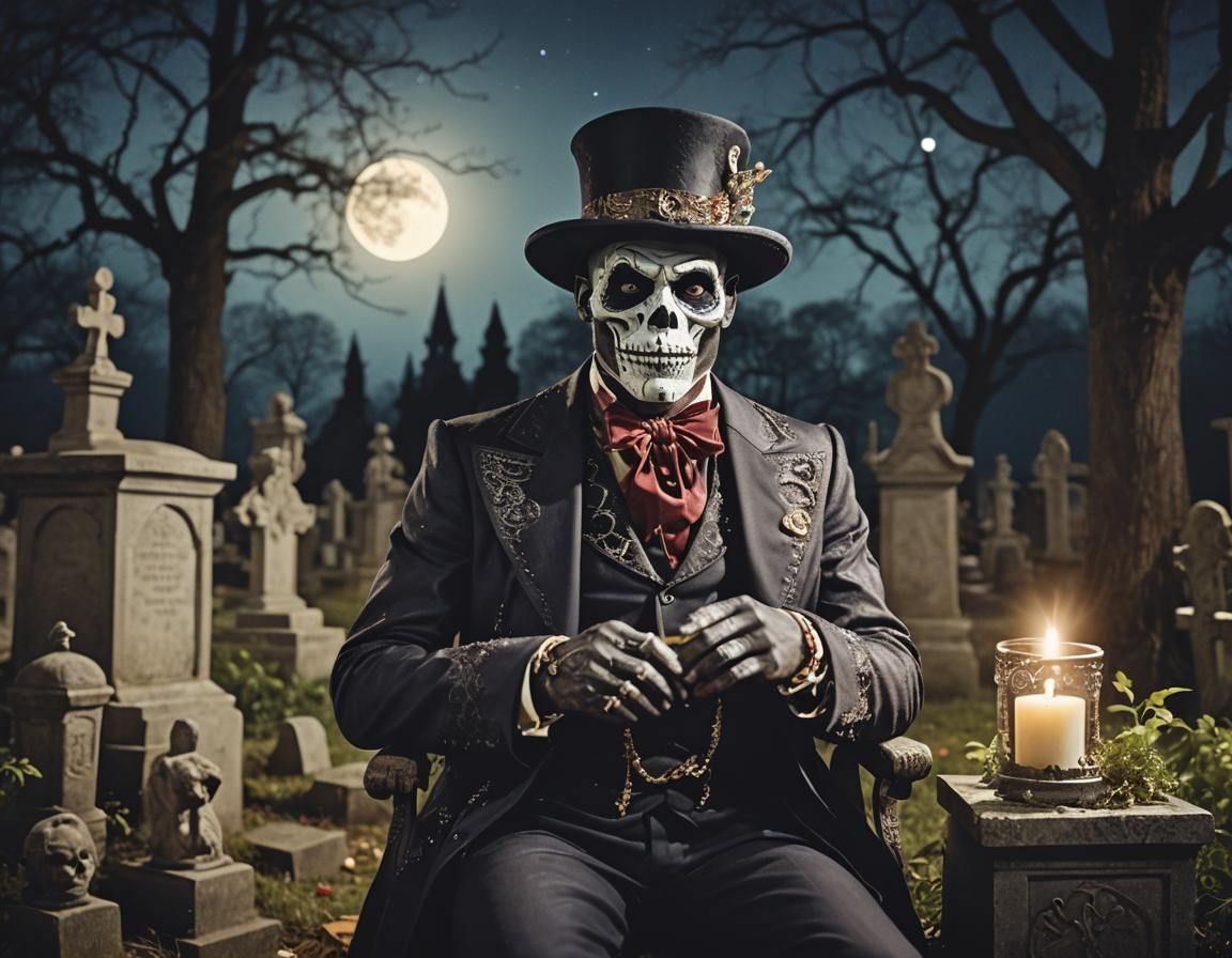 Baron Samedi in Cemetery: Photorealistic Fairytale Illustrat...
