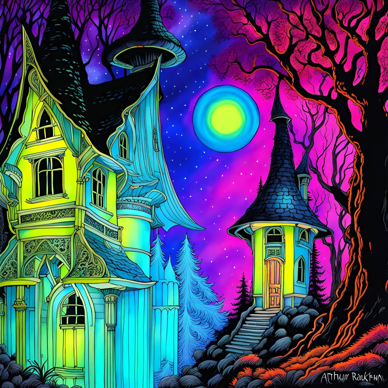 Fantastical Victorian fantasy faerie house,  in a neon black...