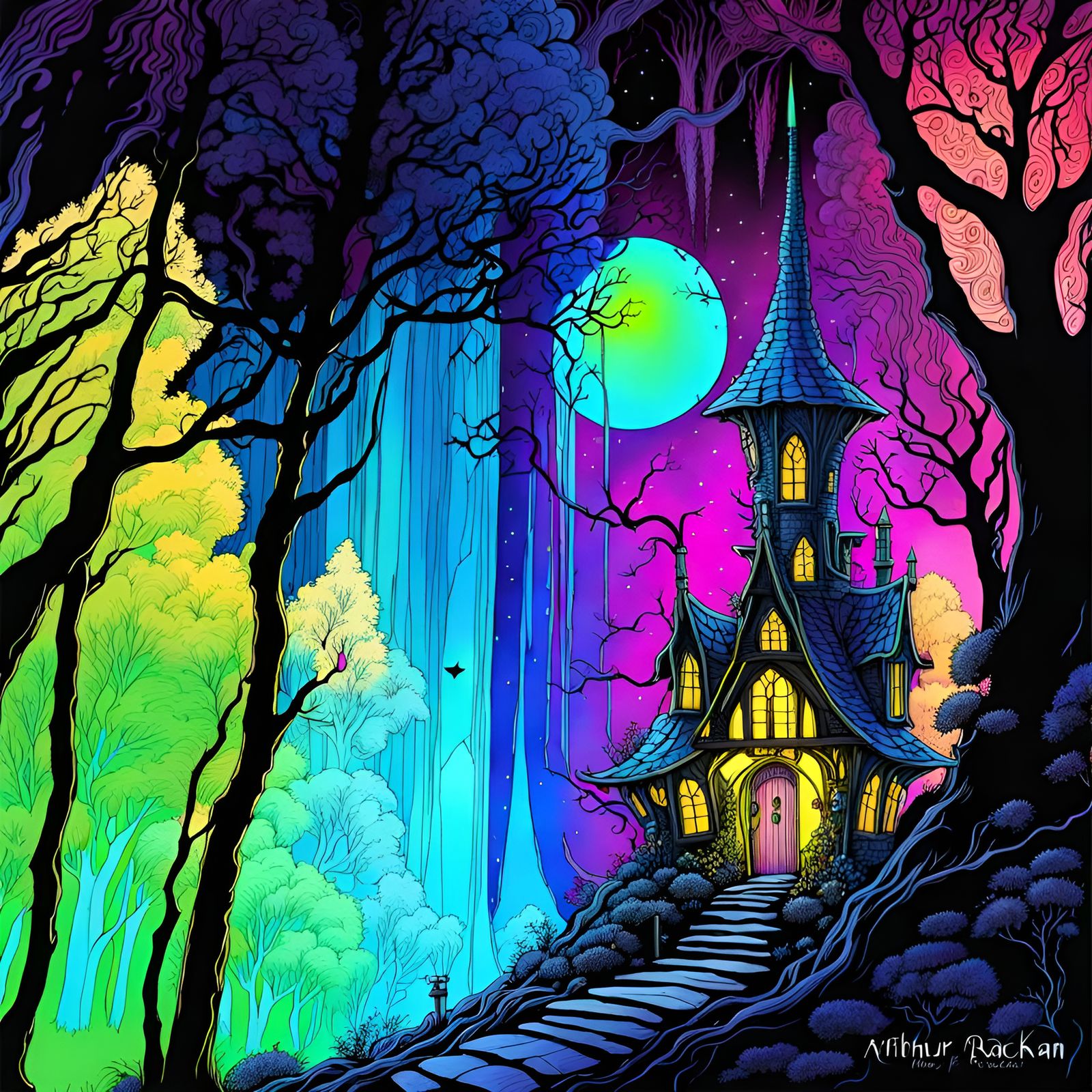 Fantastical Victorian fantasy faerie house,  in a neon black...