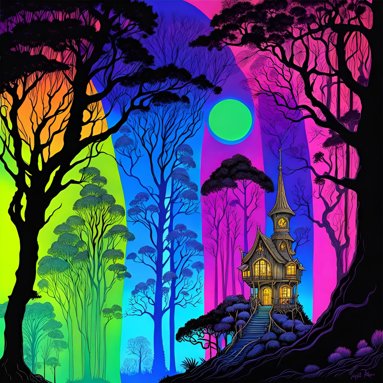 Fantastical Victorian fantasy faerie house,  in a neon black...