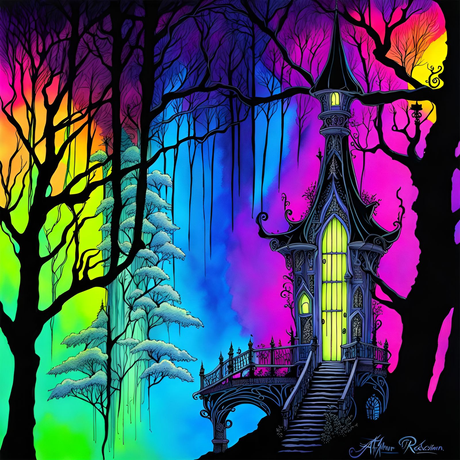 Fantastical Victorian fantasy faerie house,  in a neon black...