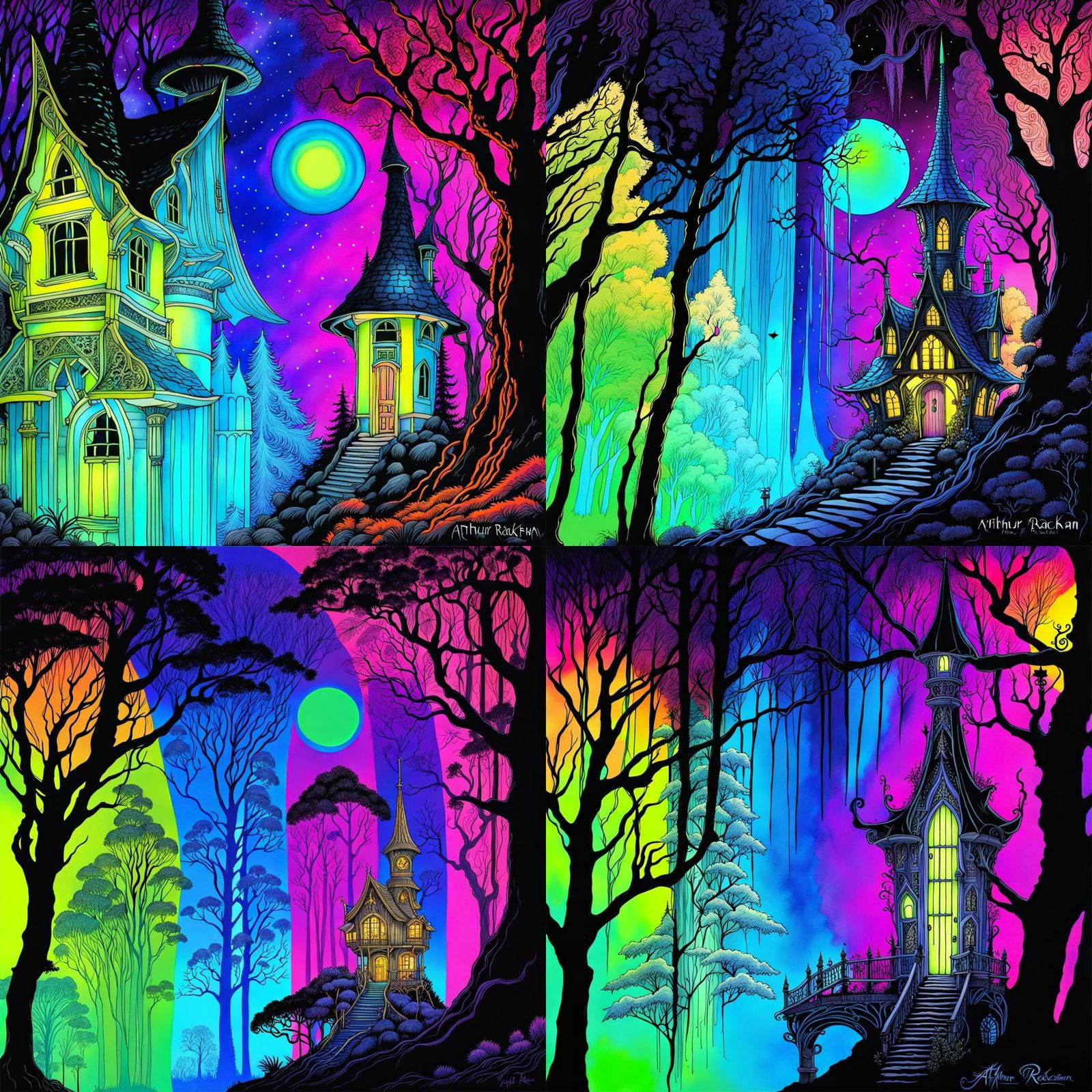 Fantastical Victorian fantasy faerie house,  in a neon black...