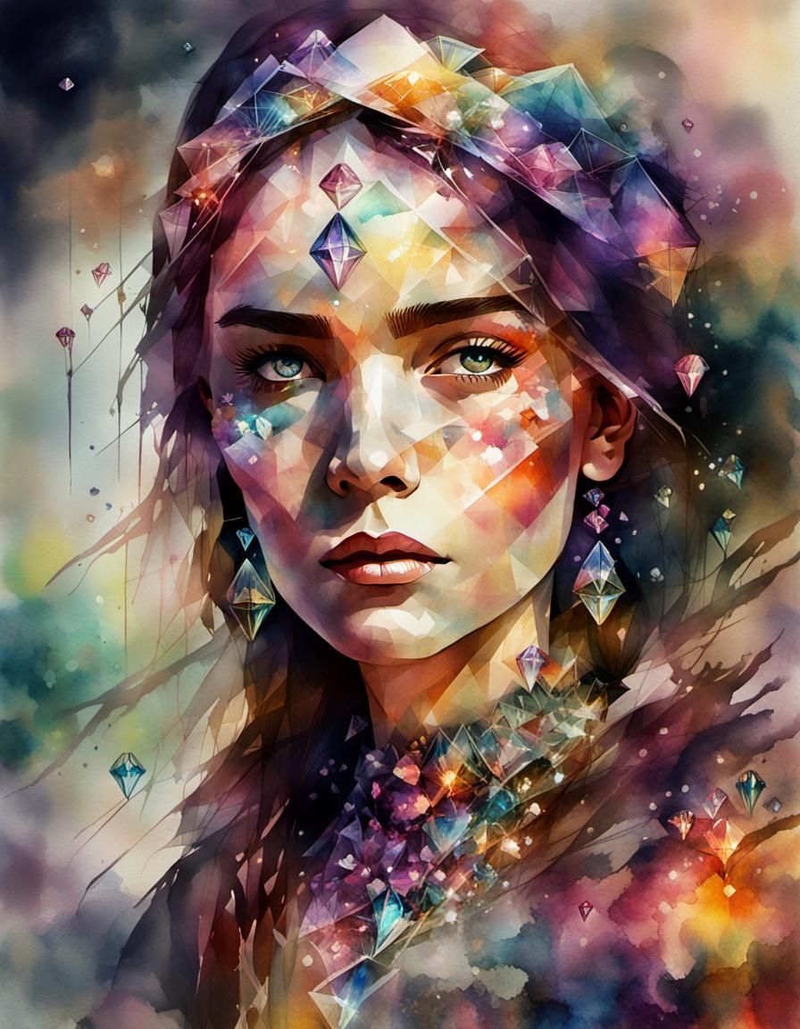 Woman Covered in Multicolored Diamonds: Watercolor Illustrat...