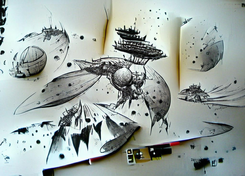 Spaceship Attacking Planet: Ink Sketch Concept Art