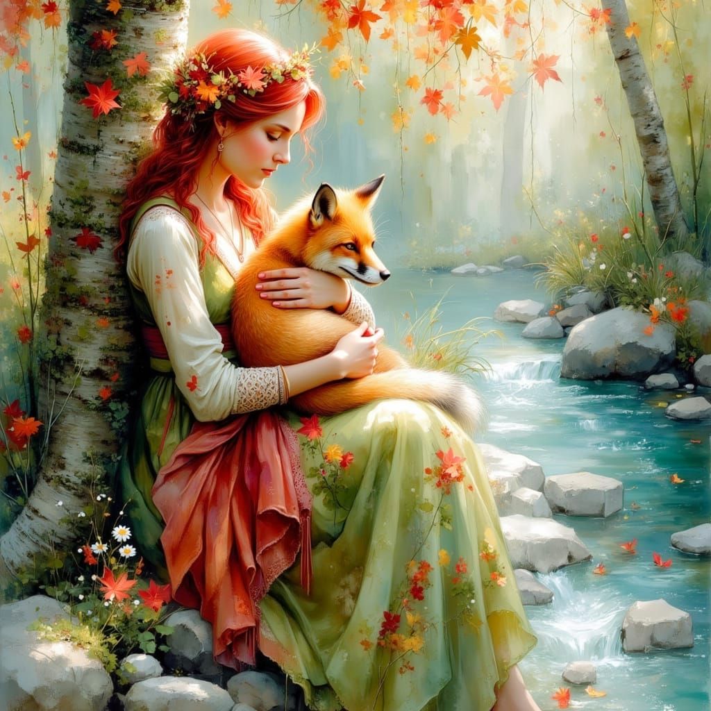 Red-Haired Beauty Amidst Whimsical Fantasy Landscape