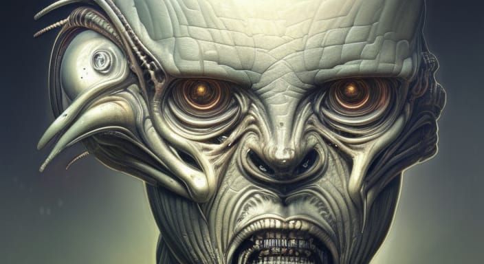 Giger-esque Alien-Human Hybrid Portrait in Cyberpunk Style