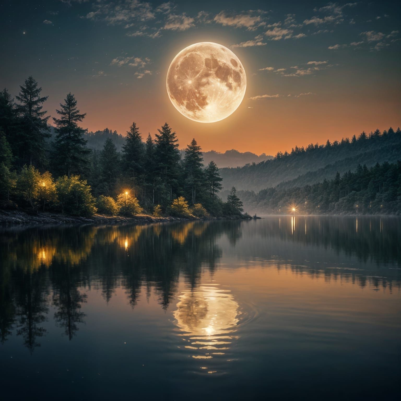 Ethereal Full Moon Over Lake: Impressionistic Digital Art
