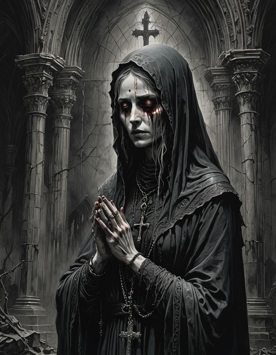 Gothic Horror: Woman Crying Blood in Cathedral