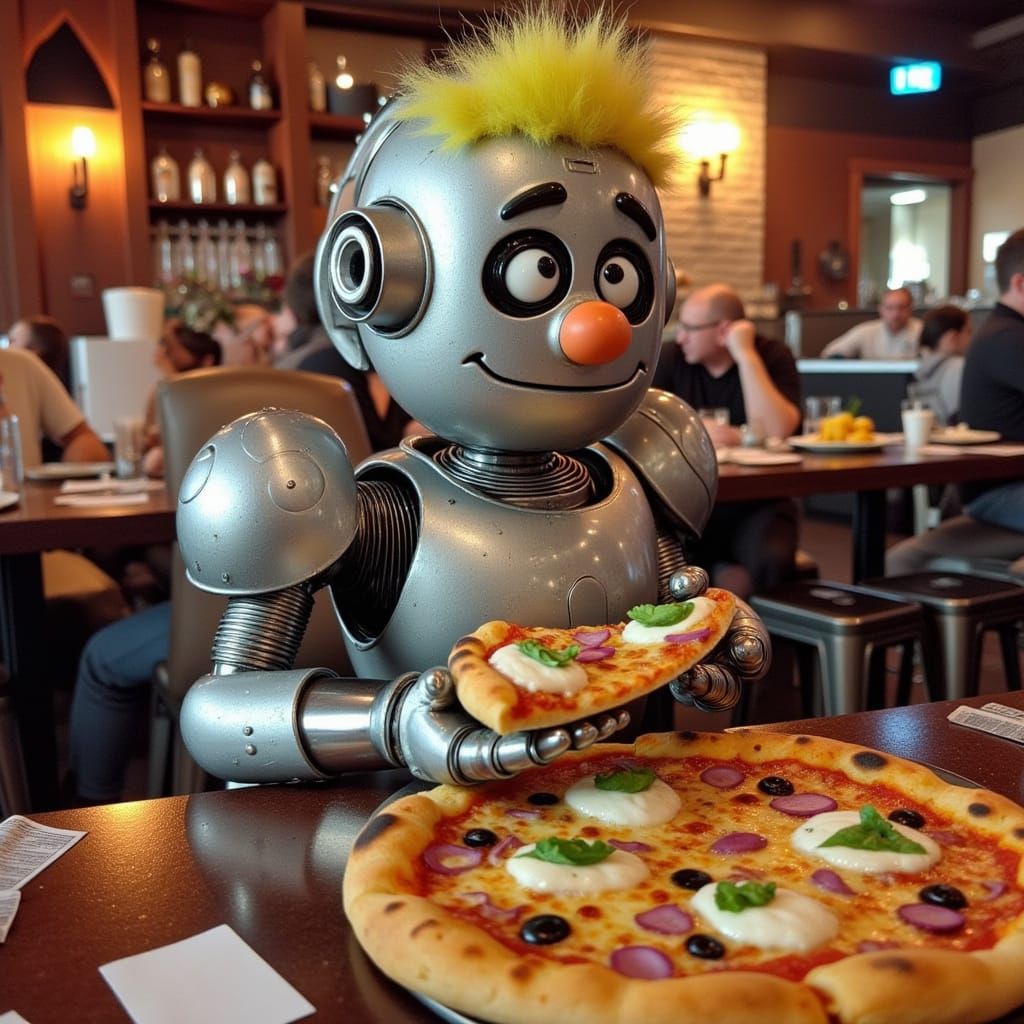 Cyborg Robot Serves Trollz Head Pizza in Futuristic Setting