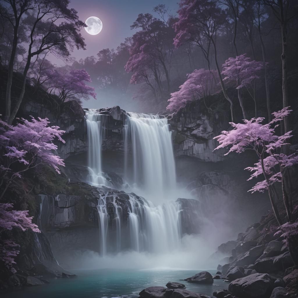 Serene Waterfall Under Moonlight in Ethereal Digital Art
