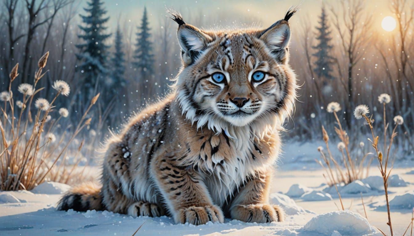 Fluffy Baby Lynx on Ice in Watercolor Style