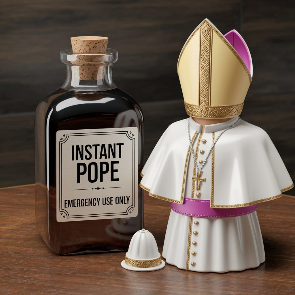 Surreal Bottle on Oak Table Holds Instant Pope Emergency Pot...