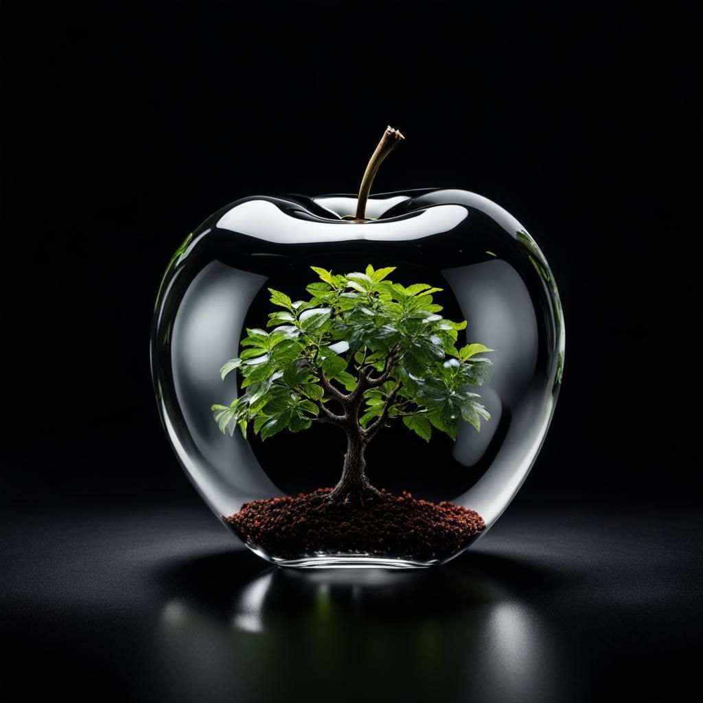 Glass Apple with Tree Inside on Black Background