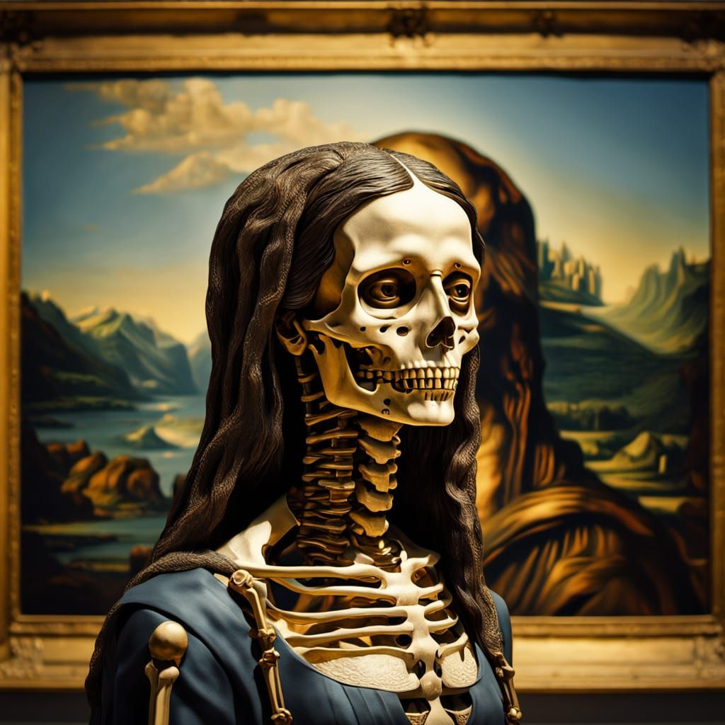 Mona Lisa Skeleton Sculpture in Surreal Style