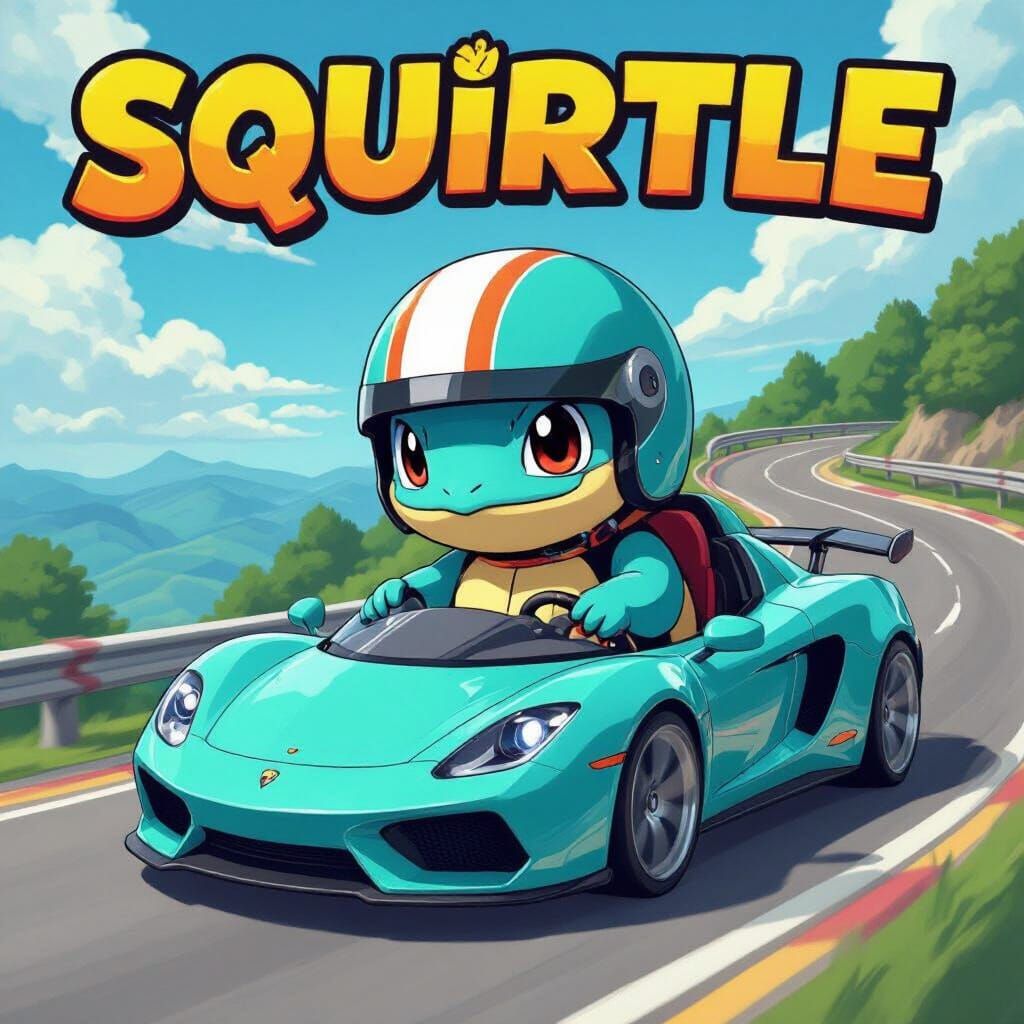 Squirtle Races in Sports Car: Pop Surrealism Style