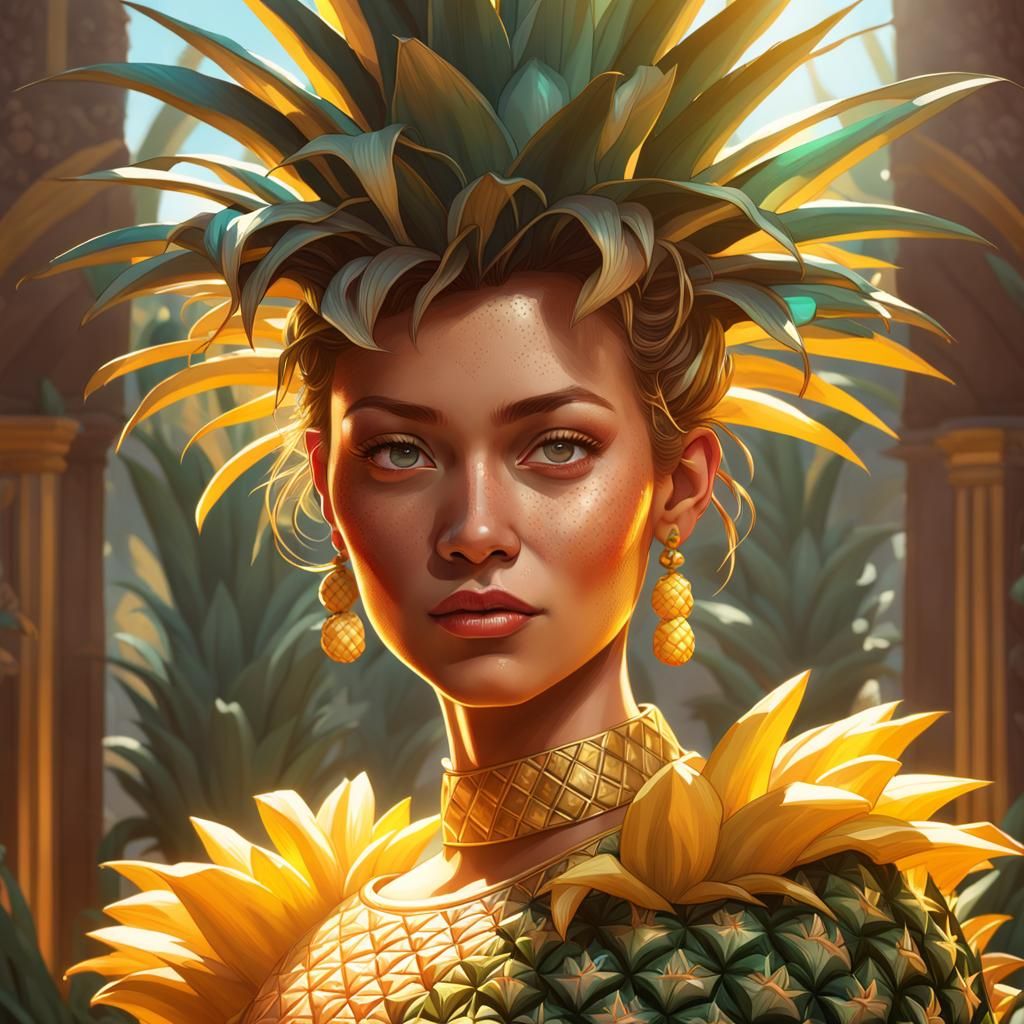 Sunshine Lady Portrait in Pineapple Home, Hyperdetailed Art