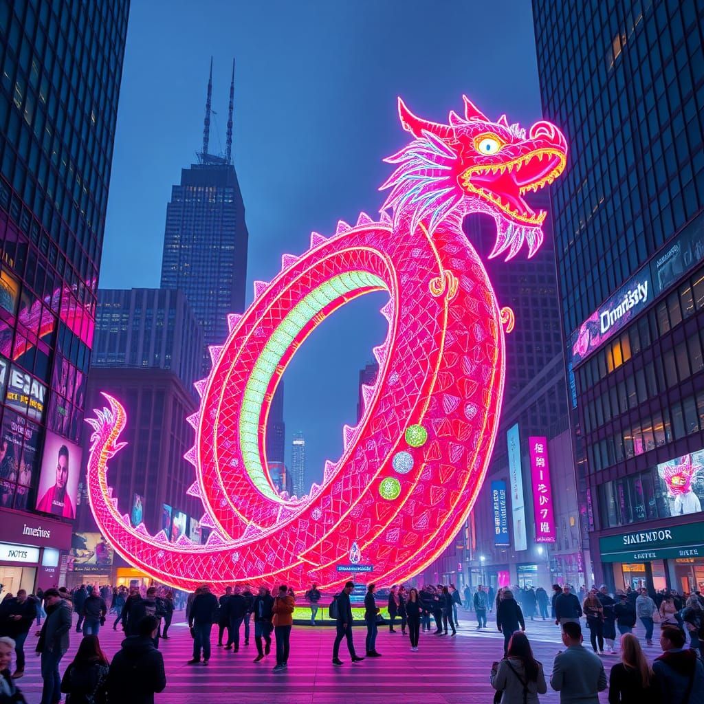 Vibrant Neon Dragon Sculpture in Futuristic Cityscape
