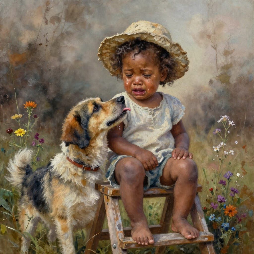 Oil Painting of Girl and Dog in Wildflowers