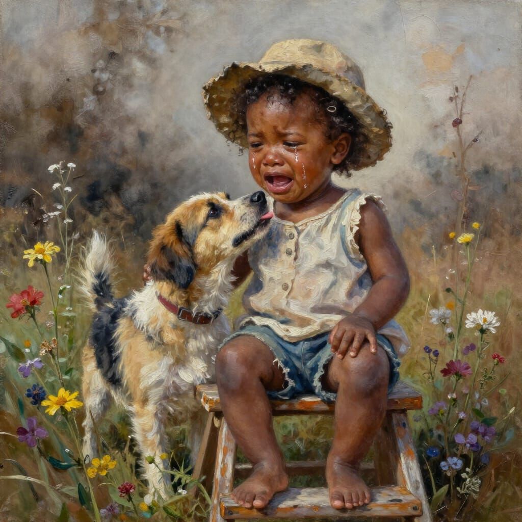 Sad Toddler Girl Cries Beside Dog, Expressive Watercolor Sty...
