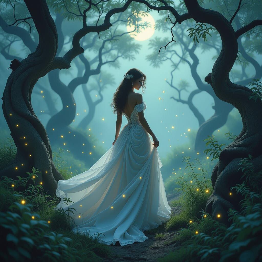 Woman in Misty Forest, Soft Ethereal Art