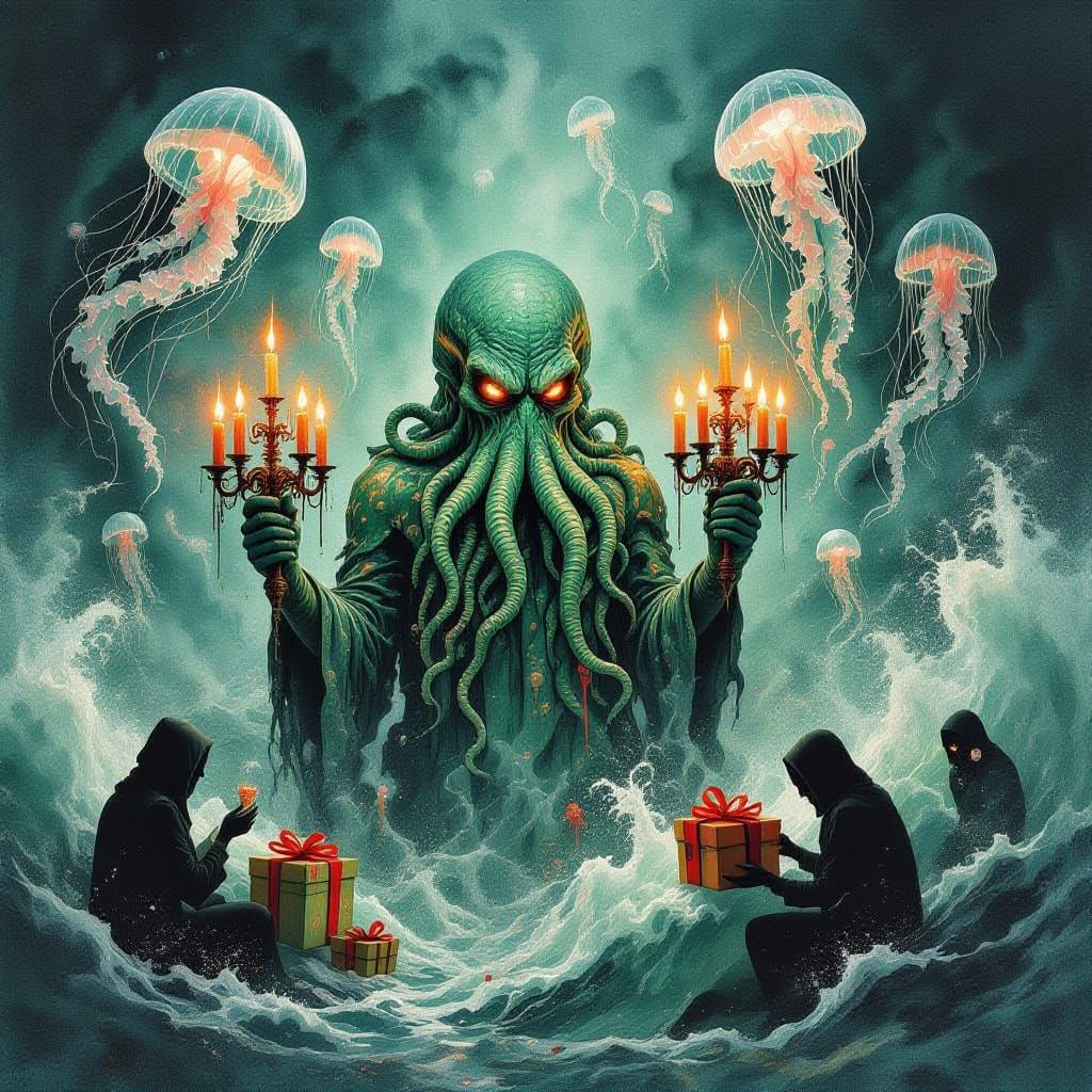Cthulhu Emerges from Abyssal Waves with Coral Candelabras