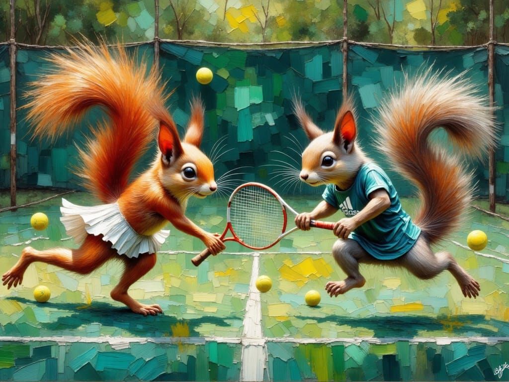 Squirrels Play Tennis in Impasto Style