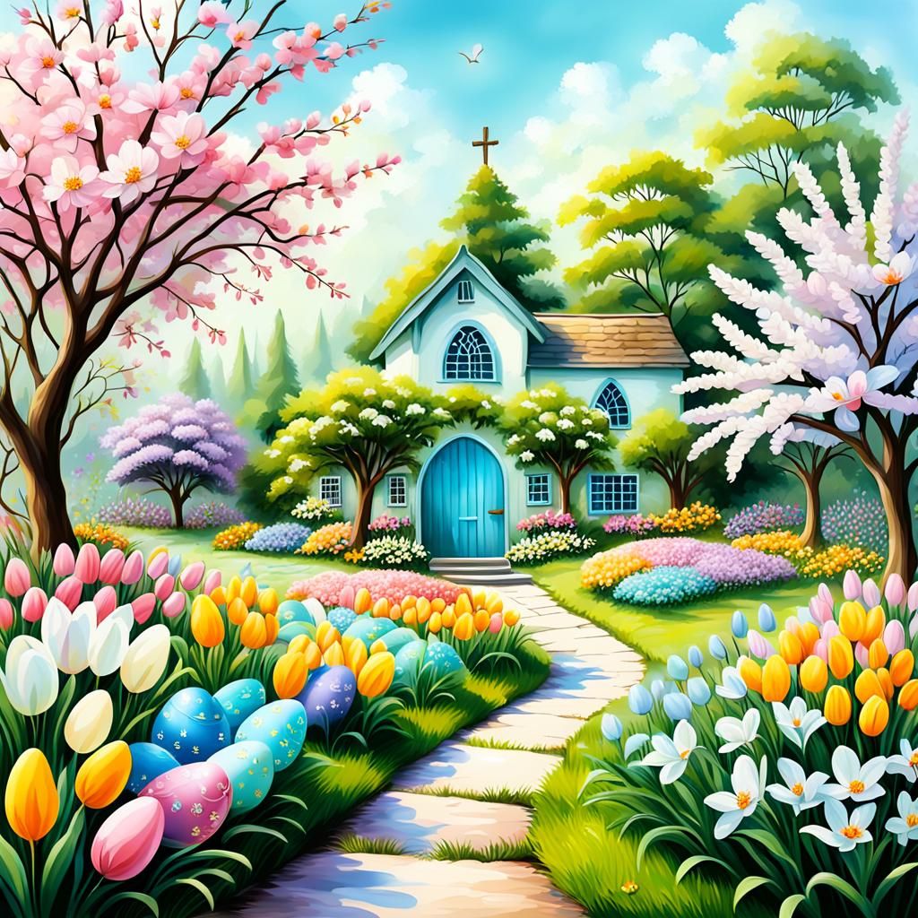 Pastel Easter Spring Garden in Oil Painted Style