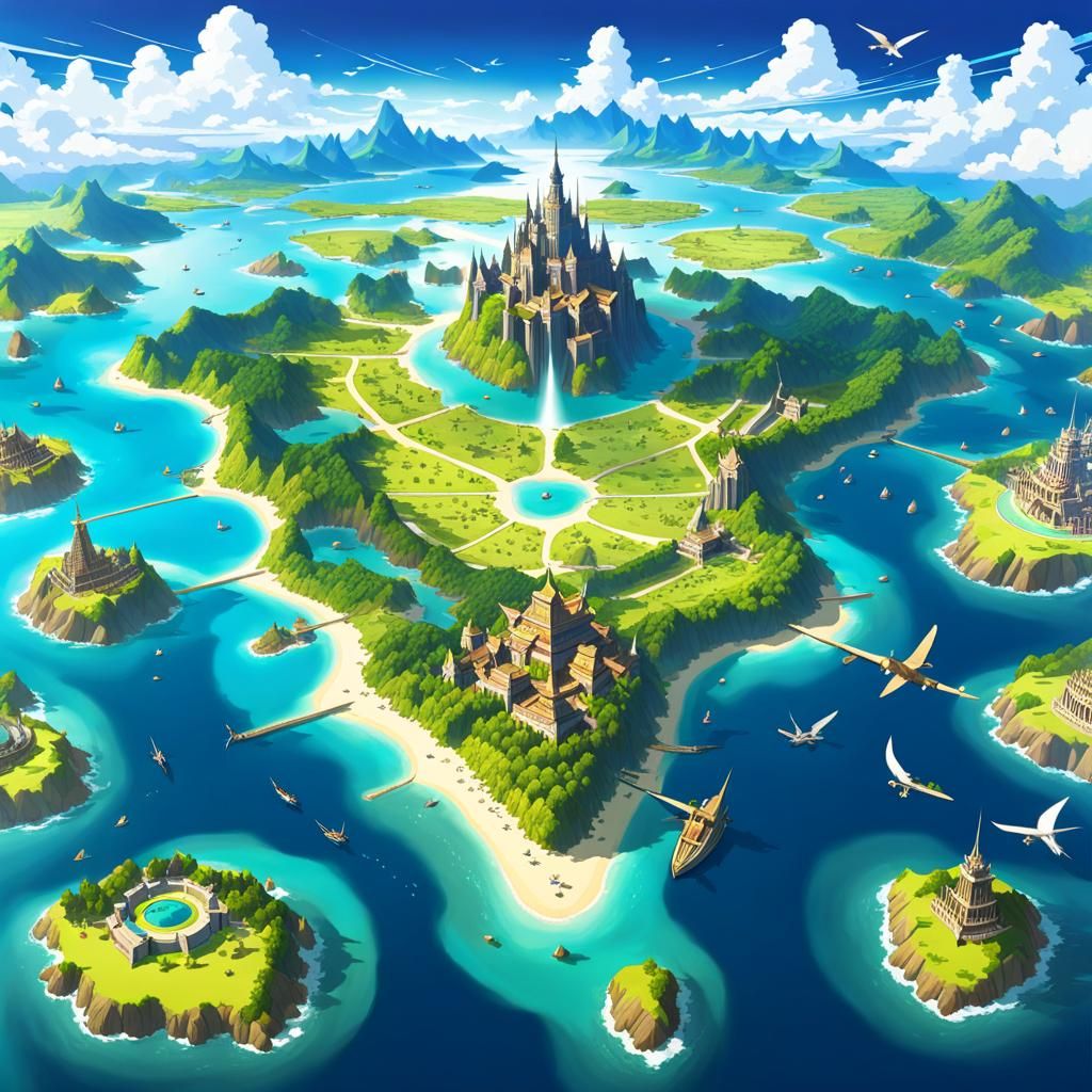 Anime Style Fantasy World Map with Island