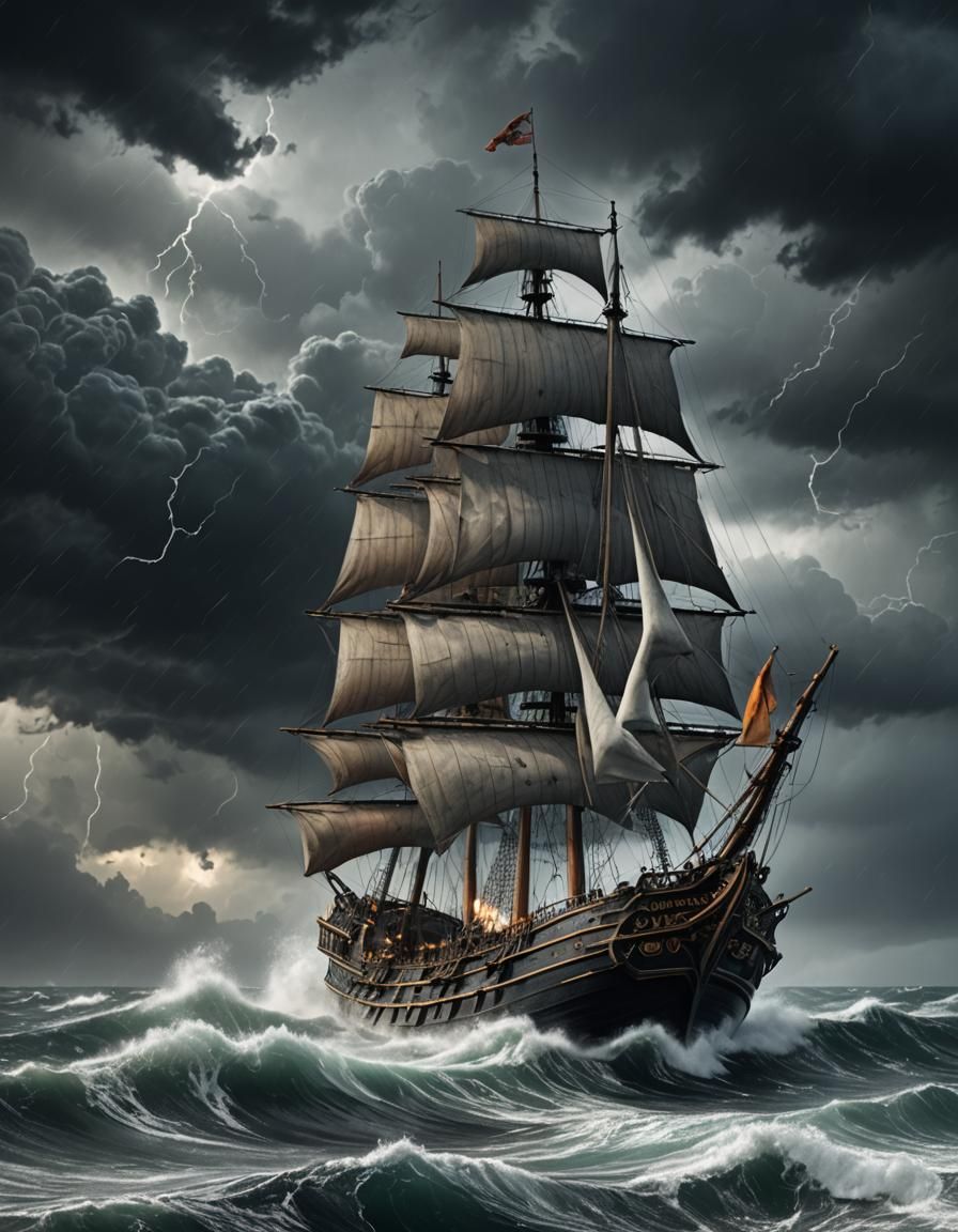 Ghostly Flying Dutchman Over Stormy Seas