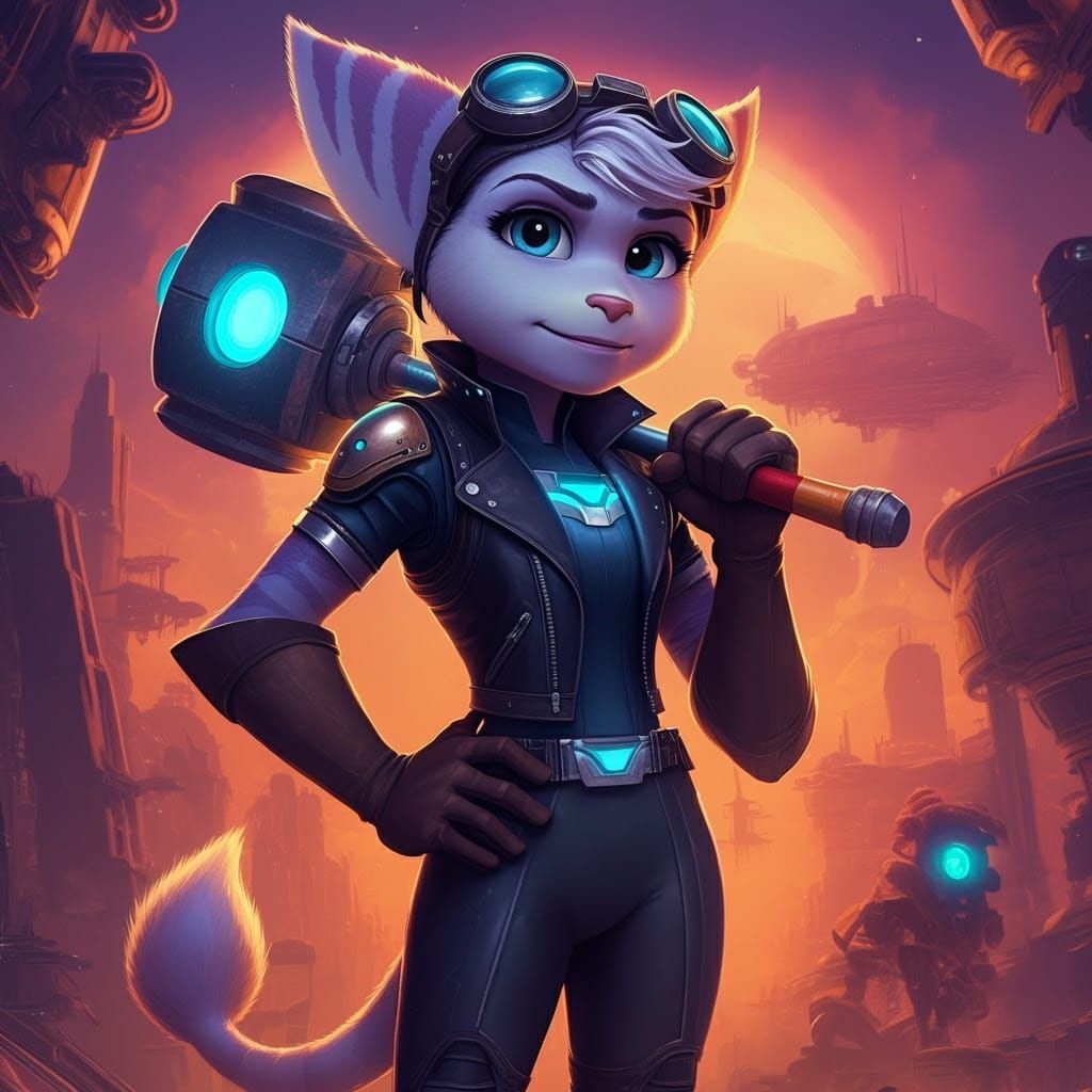 Heroic Lombax Warrior Rivet in Dynamic Comic Book Style