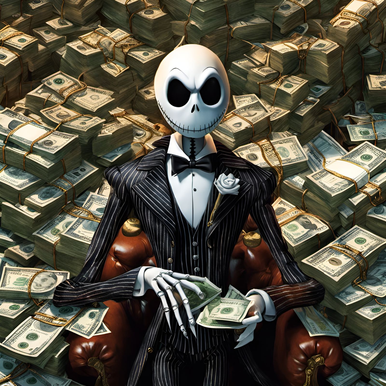 Jack Skellington Surrounded by Money: Digital Illustration