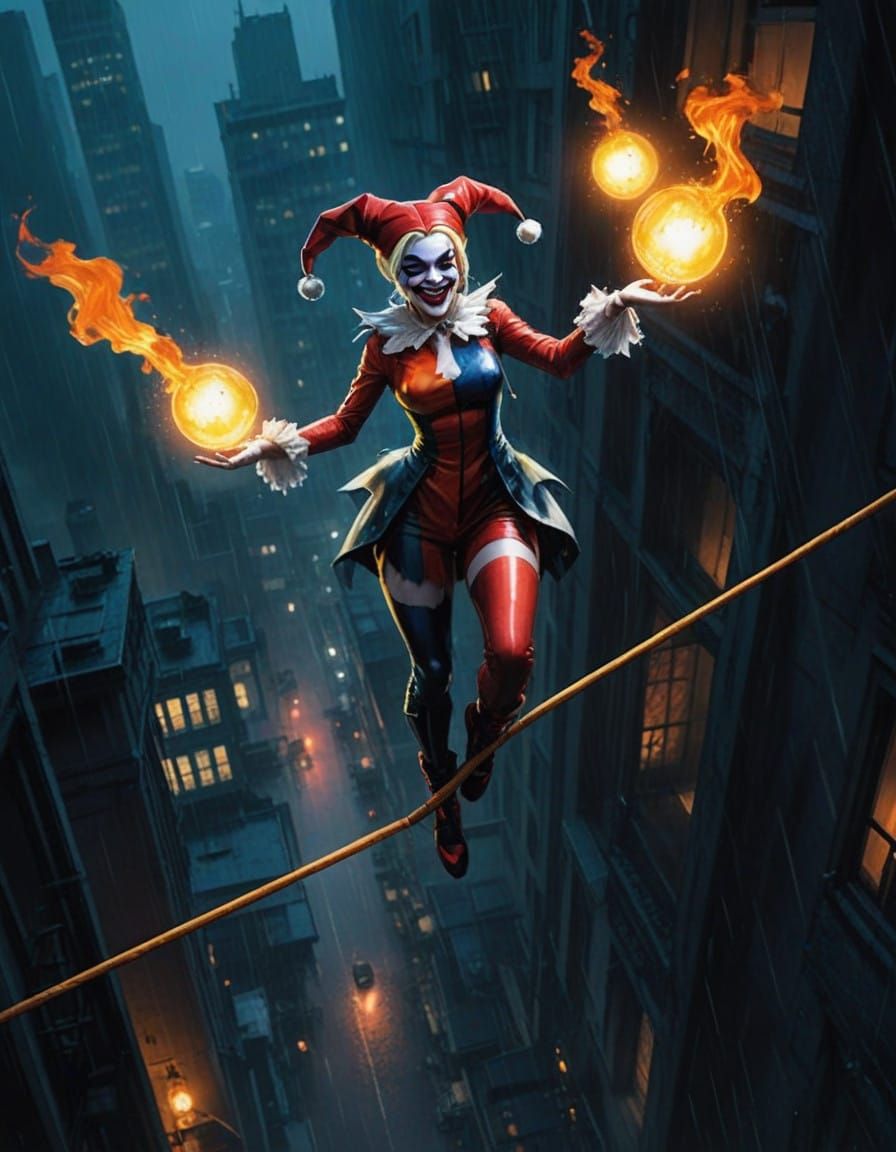 Harley Quinn Juggles Fireballs on Gotham City Tightrope