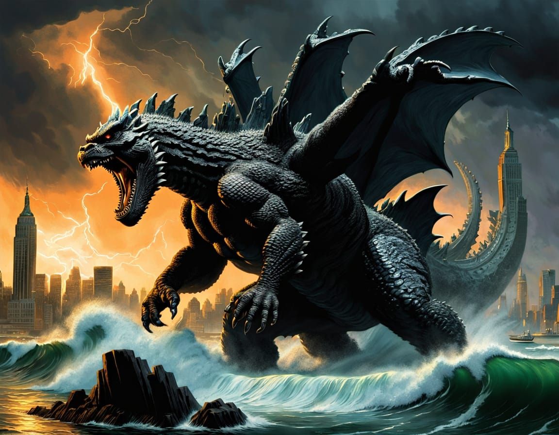 Godzilla Attacks New York: Dark Fantasy Art