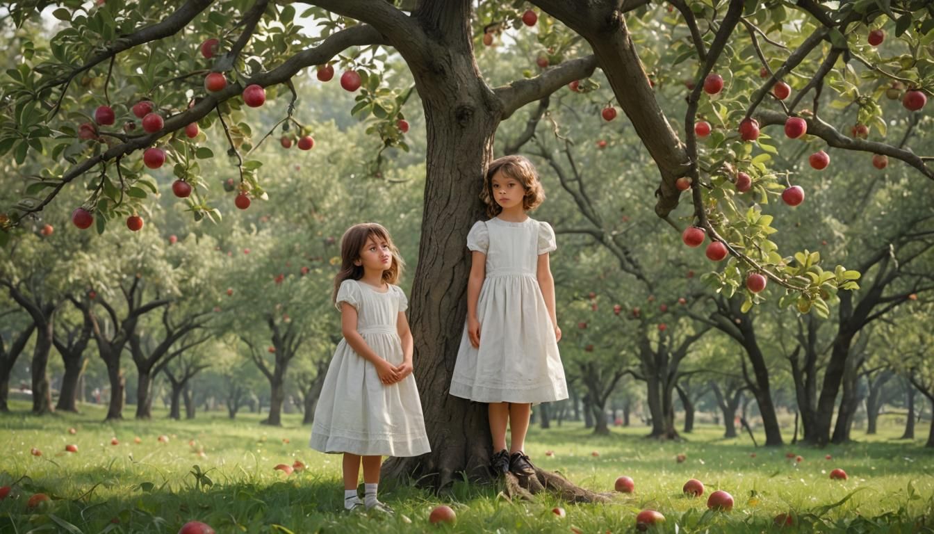 Girl Reaching for Apple Tree in Detailed Matte Painting