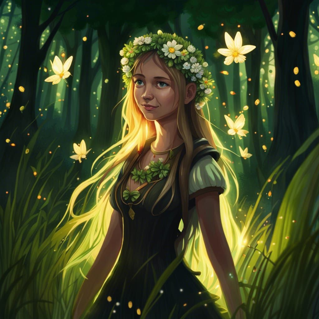 Woman with Firefly Crown in Forest