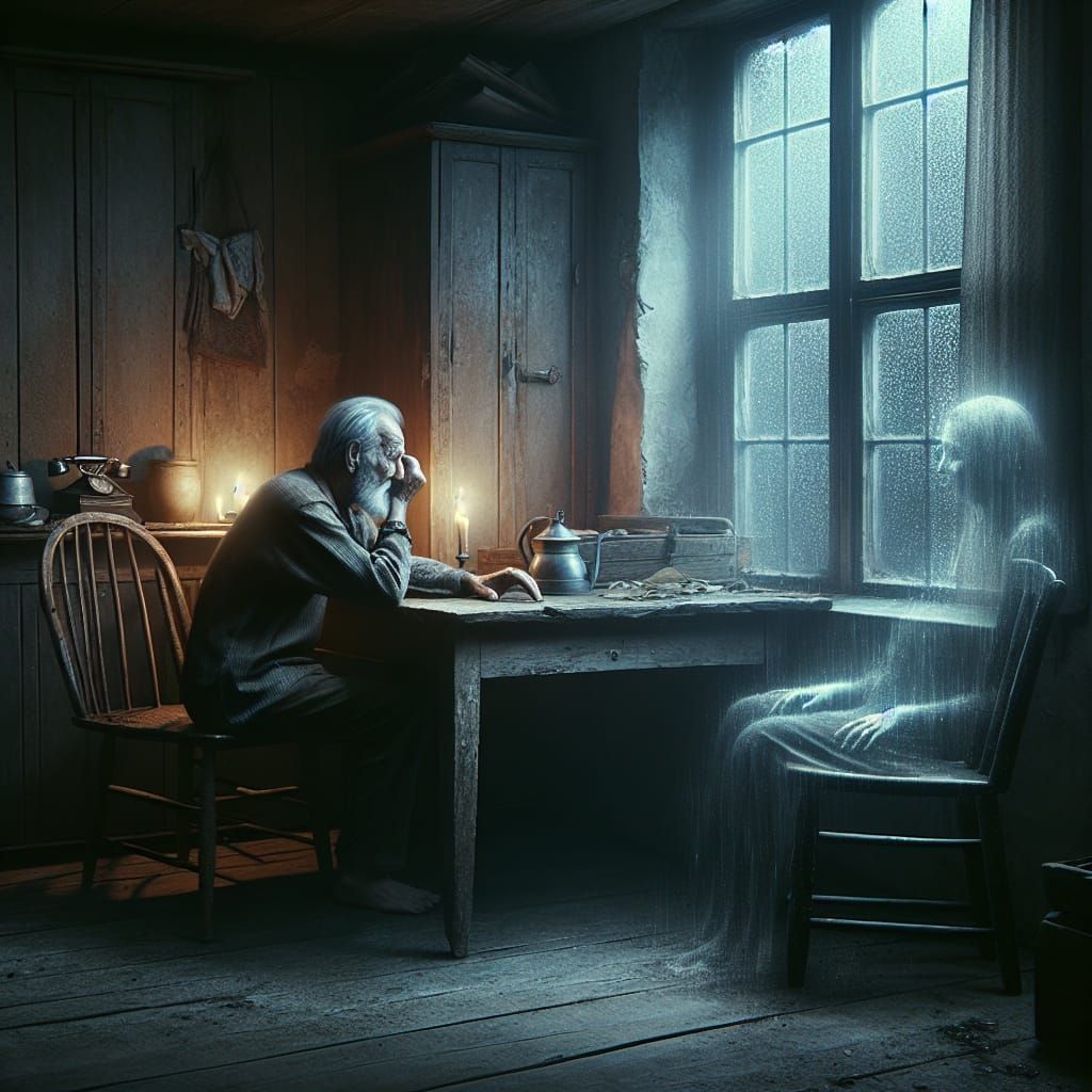 A Somber Widow's Reflection in a Rainy Gray Room